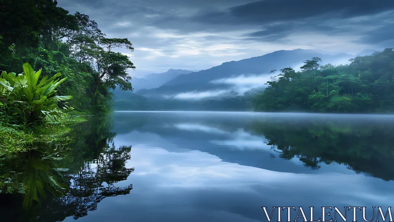Silent misty lake cradles lush green jungle and blue hills