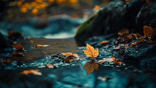 Shallow depth captures autumn leaf afloat with crisp edge contrast