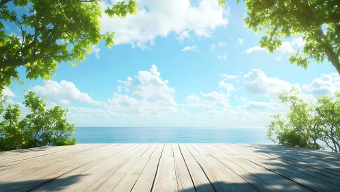 Wooden deck overlooks calm ocean under bright blue sky