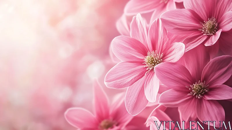 Pink Cosmos Flowers with Yellow Stamens and Blurred Background