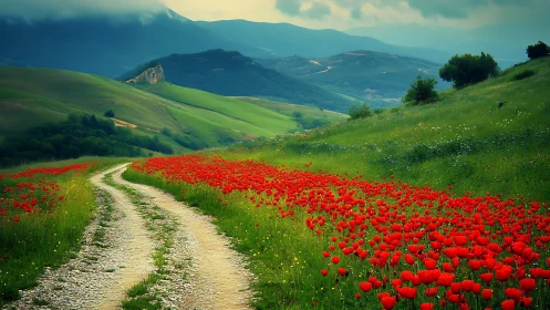 Country dirt road cuts through vivid red poppy valley.