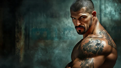 Tattooed muscular fighter in smoky teal industrial light
