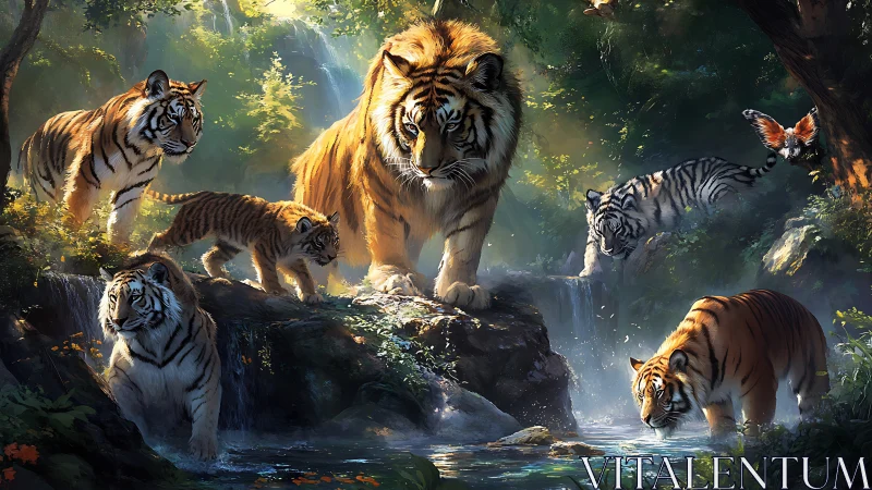Tiger Family in Luminous Forest Stream Environment