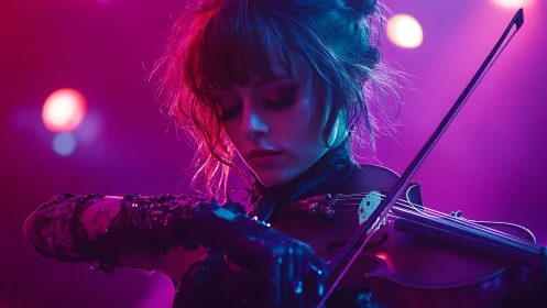 Violinist commands neon stage under vivid magenta light.
