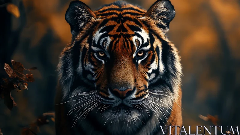 Golden-eyed tiger gazing softly through the twilight forest.