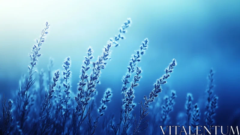 Blue frosted grasses stand in tranquil morning light