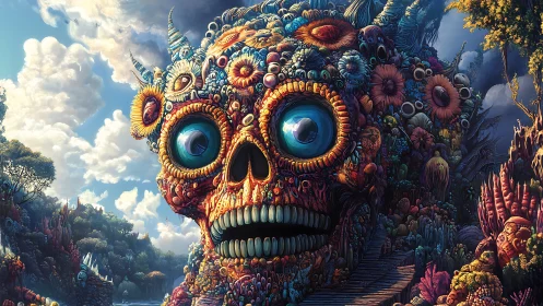 Floral coral skull tower rises within dense fantastical jungle