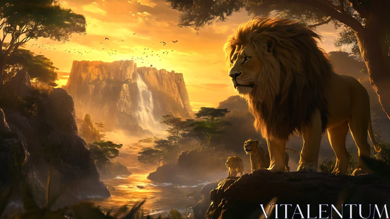 Lion pride surveys golden savanna at sunrise waterfall