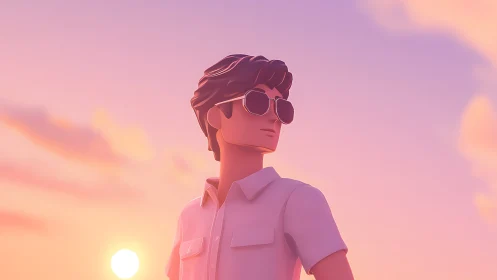Stylized 3D male figure in sunglasses under pastel sunset sky