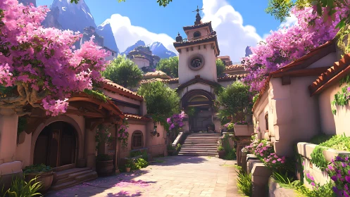 Mediterranean courtyard villa under blossoms at mountainside.