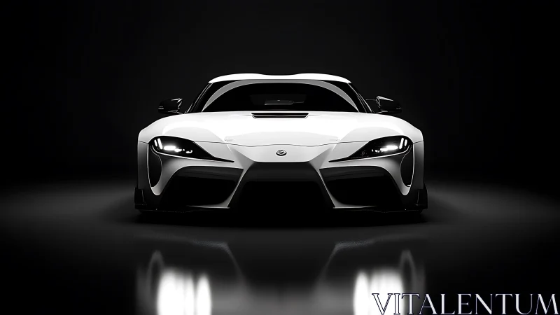 White sports coupe front view under dramatic studio lighting