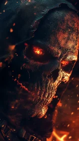 Infernal skeletal portrait with molten chiaroscuro detailing.