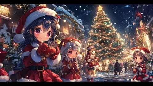 Smiling anime girls share gifts under a glowing Christmas tree
