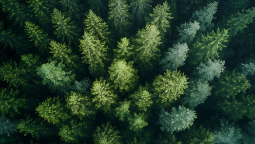Aerial view of dense pine forest with lush green treetops.