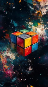 Chromatic cube suspended in cosmic paint-splashed space.