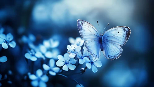 Blue butterfly resting on small blossoms in soft light.