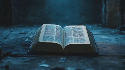 Ancient open Bible glows softly in a moody blue chamber