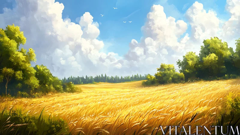 Golden wheat field glows beneath towering summer clouds.