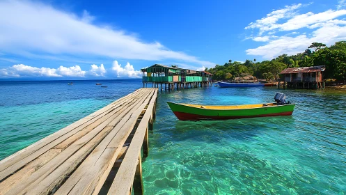 Turquoise Haven: Weathered Pier Meets Verdant Tropics.