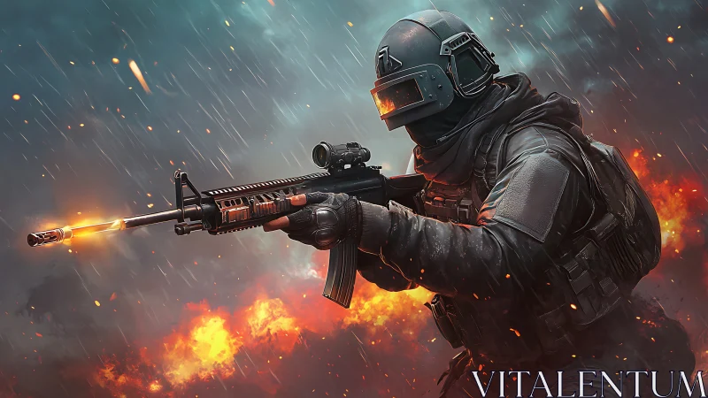 Armored tactical soldier fires rifle amid heavy rain