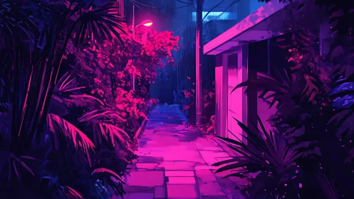 Neon alleyway with lush foliage under magenta night glow.