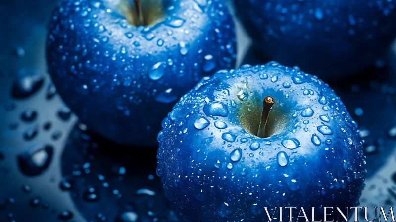 Saturated blue apples with macro water droplets on skin.