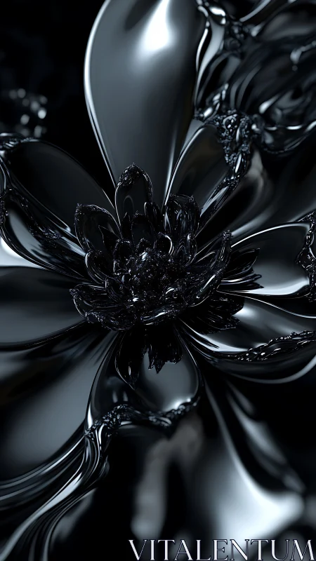 Glossy black metallic flower in abstract close-up view.