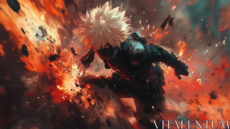 Armored anime warrior bursts through fiery explosive impact field