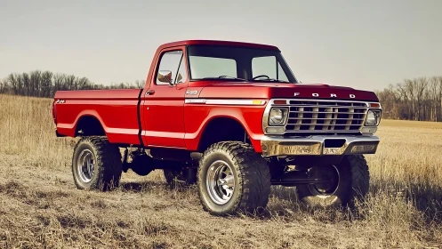 Lifted red classic Ford pickup truck parked in dry field