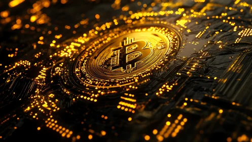 Luminous bitcoin core pulsing through molten digital circuitry.