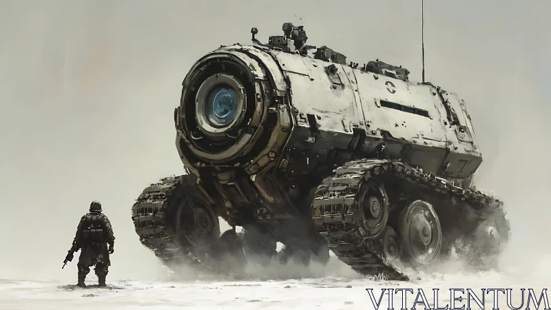 Tracked military vehicle and soldier in sparse foggy terrain.