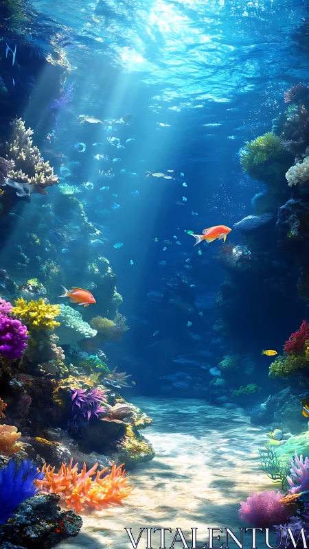 Submerged coral reef corridor with tropical fish and light rays.