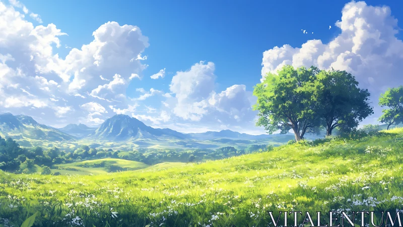 Sunlit meadow kingdom beneath towering daydream clouds.