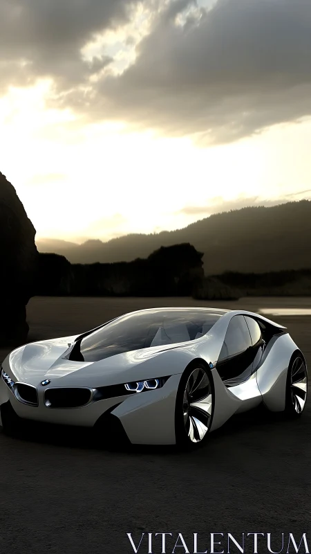 Futuristic white concept coupe is parked on a coastal plain