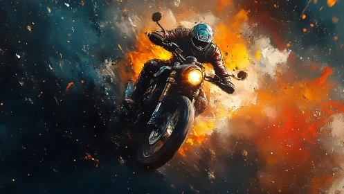 Motorcyclist speeds through explosive abstract colors.