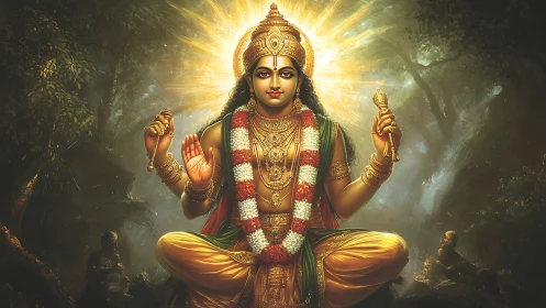 Golden forest deity in radiant meditative stillness.