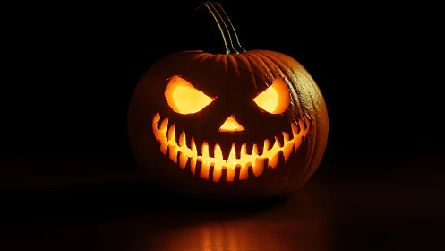 Sinister jack o’ lantern glows against deep black night backdrop