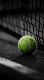 Tennis ball rests on wet court surface beside dark net