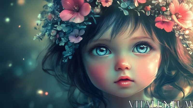 Iridescent child portrait renders floral crown in soft bokeh