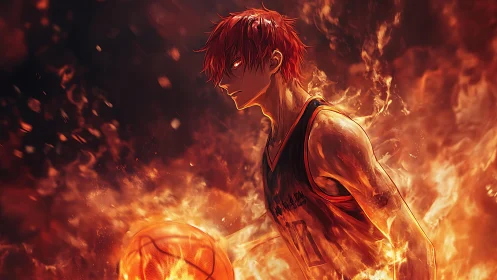 Blazing anime basketball hero strides forward with fiery heart