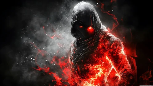 Hooded humanoid figure with red flames in dark void.
