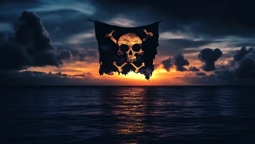 Weathered pirate skull flag suspended over dark ocean horizon