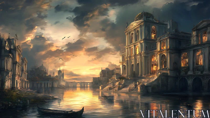 Sunset over grand canal city with illuminated domes.