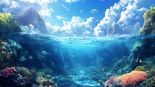 Panoramic split-level reef scene with volumetric lighting gradients