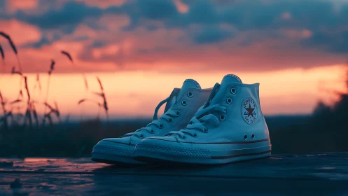 White high-top sneakers rest on a bench at sunset