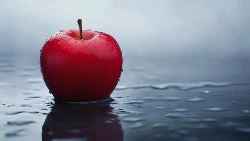 Red apple rests on reflective wet surface in soft focus