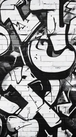 Monochrome abstract graffiti lettering on painted brick wall