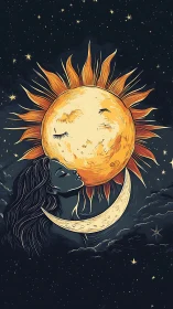 Celestial woman kissing phase-shifted sun and crescent moon.