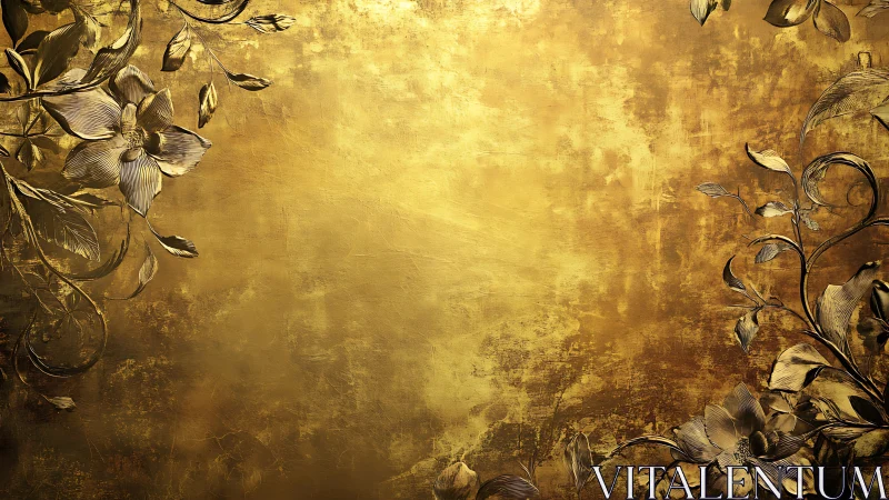 Gold floral relief on distressed metallic background wall.