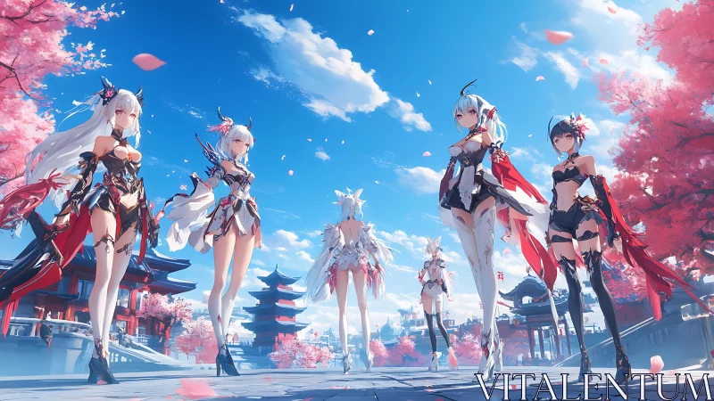 Elegant anime warriors stride through cherry blossom streets